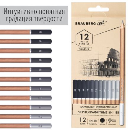 Карандаши художественные чернографитные 4H-8B, НАБОР 12 штук, BRAUBERG ART "CLASSIC", 181542 Карандаши художественные чернографитные 4H-8B, НАБОР 12 штук, BRAUBERG ART "CLASSIC", 181542