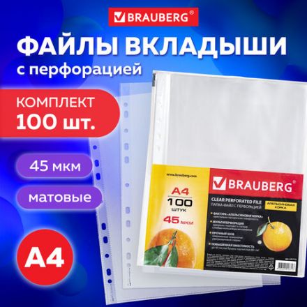 Папки-файлы перфорированные А4 BRAUBERG "PREMIUM", КОМПЛЕКТ 100 шт., матовые, 45 мкм, 221713 Папки-файлы перфорированные А4 BRAUBERG "PREMIUM", КОМПЛЕКТ 100 шт., матовые, 45 мкм, 221713