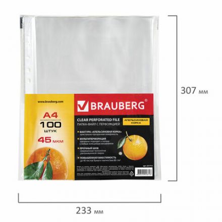 Папки-файлы перфорированные А4 BRAUBERG "PREMIUM", КОМПЛЕКТ 100 шт., матовые, 45 мкм, 221713