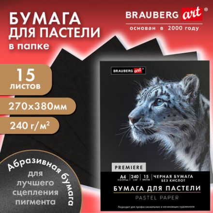 Бумага для пастели АБРАЗИВНАЯ А3 в папке, 15 листов, ЧЕРНАЯ, 240 г/м2, BRAUBERG ART, 117766