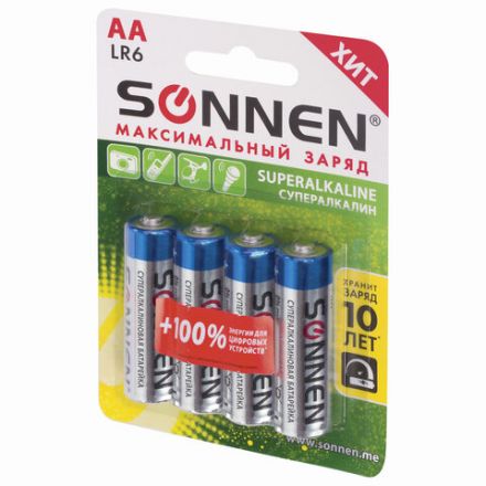 Батарейки КОМПЛЕКТ 4 шт., SONNEN Super Alkaline, АА (LR6,15А), алкалиновые, пальчиковые, блистер, 451094 Батарейки КОМПЛЕКТ 4 шт., SONNEN Super Alkaline, АА (LR6,15А), алкалиновые, пальчиковые, блистер, 451094
