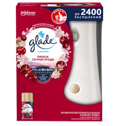Освежитель воздуха автоматический, 269 мл, GLADE, диспенсер+сменный баллон, "Пион и сочные ягоды" Освежитель воздуха автоматический, 269 мл, GLADE, диспенсер+сменный баллон, "Пион и сочные ягоды"