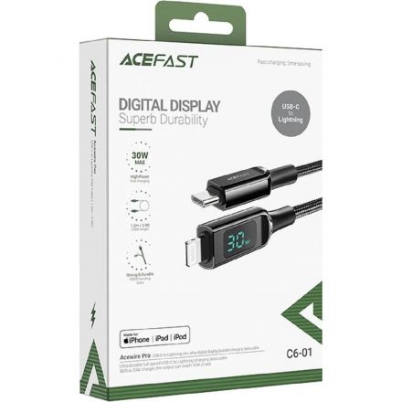 Кабель ACEFAST C6-01 USB-C, Lightning charging с цифровым дисплеем, черный Кабель ACEFAST C6-01 USB-C, Lightning charging с цифровым дисплеем, черный