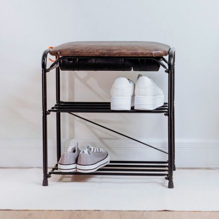 Банкетка для обуви "Альфа-13СЯ", 450х300х480 мм, 2 полки, ящик, металл/кожзам, черный/коричневый, ПДОА13СЯ Ч