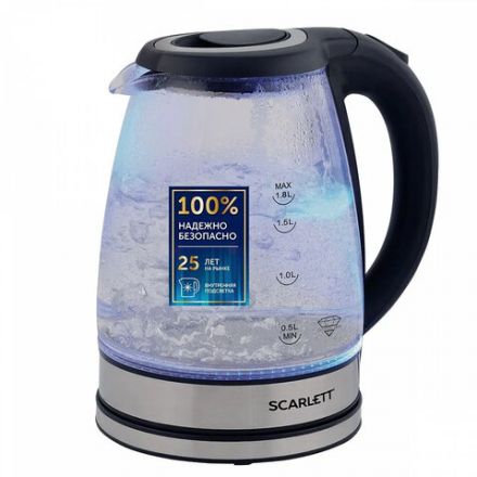 Чайник SCARLETT SC-EK27G88, 1,8 л, 1800 Вт, закрытый нагревательный элемент, стекло, черный Чайник SCARLETT SC-EK27G88, 1,8 л, 1800 Вт, закрытый нагревательный элемент, стекло, черный
