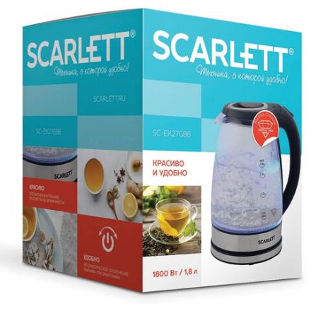 Чайник SCARLETT SC-EK27G88, 1,8 л, 1800 Вт, закрытый нагревательный элемент, стекло, черный Чайник SCARLETT SC-EK27G88, 1,8 л, 1800 Вт, закрытый нагревательный элемент, стекло, черный