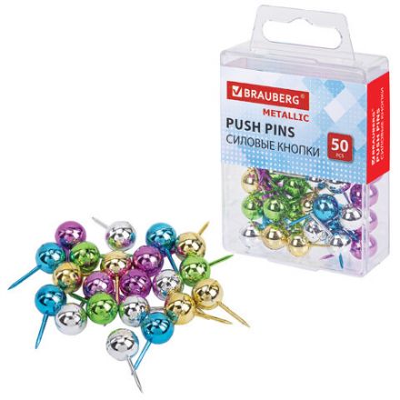 Силовые кнопки-гвоздики BRAUBERG METALLIC, цвет ассорти металлик (шарики), 50 штук, 10 мм, 272757
