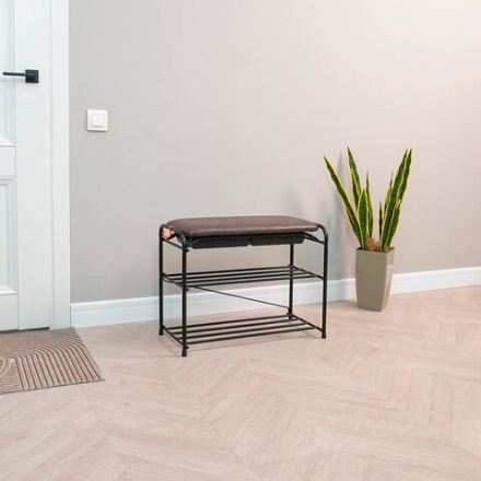 Банкетка для обуви "Альфа-23СЯ", 650х300х480 мм, 2 полки, ящик, металл/кожзам, черный/коричневый, ПДОА23СЯ Ч