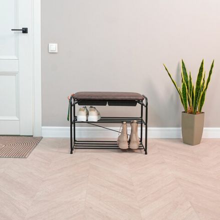 Банкетка для обуви "Альфа-23СЯ", 650х300х480 мм, 2 полки, ящик, металл/кожзам, черный/коричневый, ПДОА23СЯ Ч