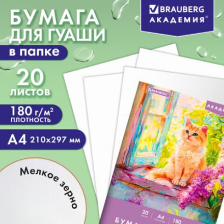 Бумага для гуаши А4 20 л., 180 г/м2, 210х297 мм, в папке, BRAUBERG АКАДЕМИЯ, "Котик", 117737