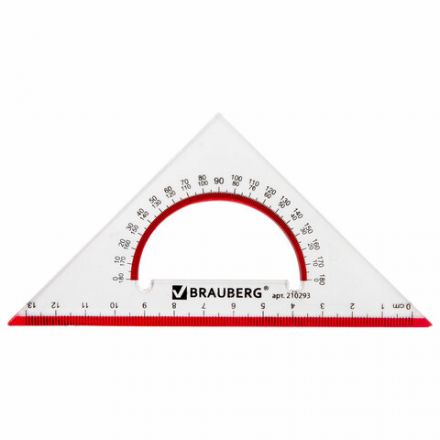 Треугольник пластиковый, угол 45, 13 см, BRAUBERG "Crystal", с транспортиром, прозрачный, с выделенной шкалой, 210293