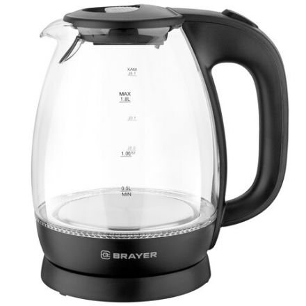 Чайник BRAYER BR1026, 1,8 л, 2200 Вт, закрытый нагревательный элемент, стекло, черный Чайник BRAYER BR1026, 1,8 л, 2200 Вт, закрытый нагревательный элемент, стекло, черный