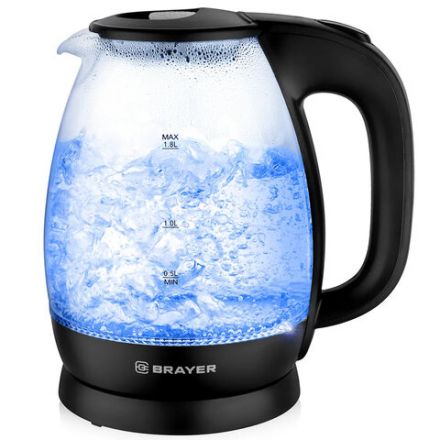 Чайник BRAYER BR1026, 1,8 л, 2200 Вт, закрытый нагревательный элемент, стекло, черный Чайник BRAYER BR1026, 1,8 л, 2200 Вт, закрытый нагревательный элемент, стекло, черный