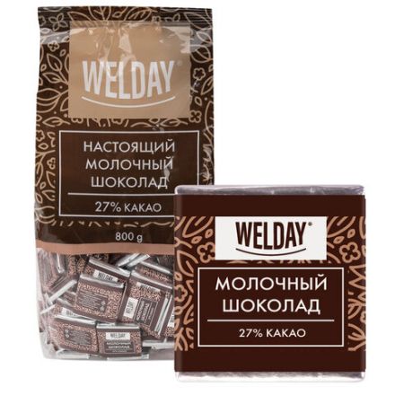 Шоколад порционный высшего качества WELDAY (ВЭЛДЭЙ) "Молочный 27%", 800 г (160 плиток по 5 г), пакет, 622406 Шоколад порционный высшего качества WELDAY (ВЭЛДЭЙ) "Молочный 27%", 800 г (160 плиток по 5 г), пакет, 622406