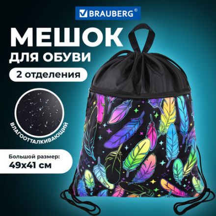 Мешок для обуви BRAUBERG БОЛЬШОЙ, с ручкой, карман на молнии, сетка, 49х41 см, "Feathers", 271057