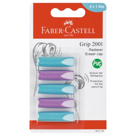 Набор ластиков-колпачков Faber-Castell "Grip 2001" 5шт., трехгранные, бирюза-сирень, 90*15*15мм, блистер Набор ластиков-колпачков Faber-Castell "Grip 2001" 5шт., трехгранные, бирюза-сирень, 90*15*15мм, блистер