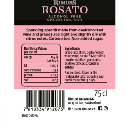 Шампанское безалкогольное Rimuss ROSATO розовое сухое, Швейцария, 750 мл