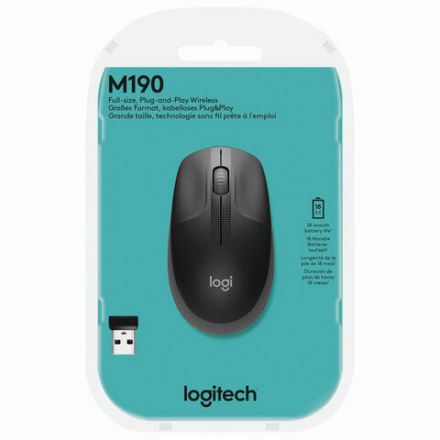 Мышь беспроводная LOGITECH M190, 2 кнопки + 1 колесо-кнопка, оптическая, черно-серая, 910-005905