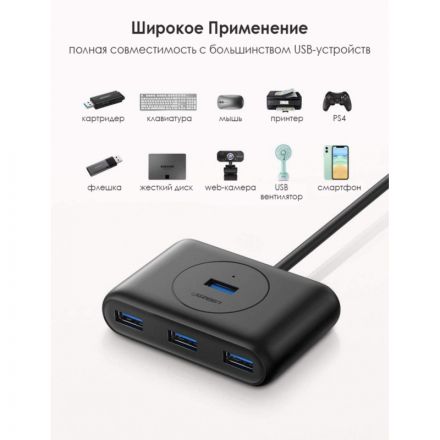 Разветвитель USB UGREEN  4 х USB 3.0, 1 м, цвет черный (20291)