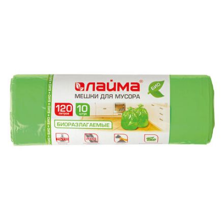 Мешки для мусора биоразлагаемые 120 л, зеленые, в рулоне 10 шт., ПНД 17 мкм, 70х110 см, LAIMA, 601402 Мешки для мусора биоразлагаемые 120 л, зеленые, в рулоне 10 шт., ПНД 17 мкм, 70х110 см, LAIMA, 601402