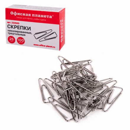 Скрепки ОФИСНАЯ ПЛАНЕТА, 25 мм, никелированные, треугольные, 100 шт., в картонной коробке, 222043 Скрепки ОФИСНАЯ ПЛАНЕТА, 25 мм, никелированные, треугольные, 100 шт., в картонной коробке, 222043