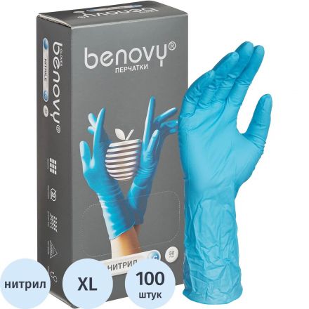 Перчатки нитрил, н/c, н/о, удлинен, Benovy (ХL) 50 пар/уп, гол
