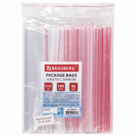 Пакеты с замком ZIP LOCK "зиплок", комплект 100 шт., 150х200 мм, ПВД, толщина 40 микрон, BRAUBERG, 606213 Пакеты с замком ZIP LOCK "зиплок", комплект 100 шт., 150х200 мм, ПВД, толщина 40 микрон, BRAUBERG, 606213