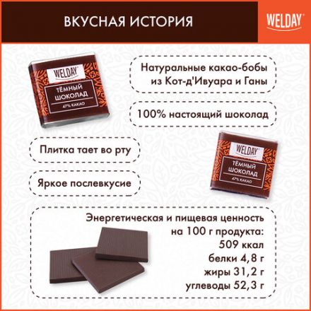 Шоколад порционный высшего качества WELDAY (ВЭЛДЭЙ) "Тёмный 47%", 800 г (160 плиток по 5 г), пакет, 622407
