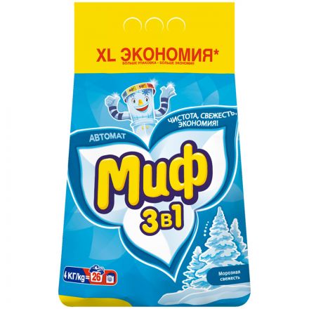 Порошок для машинной стирки Миф 3в1 Аквапудра Морозная Свежесть, 4кг