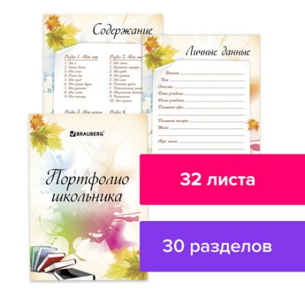 Листы-вкладыши для портфолио ШКОЛЬНИКА, 30 разделов, 32 листа, "Моё портфолио", BRAUBERG, 127550 Листы-вкладыши для портфолио ШКОЛЬНИКА, 30 разделов, 32 листа, "Моё портфолио", BRAUBERG, 127550