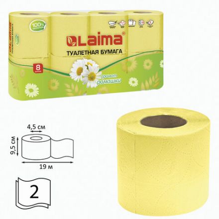 Бумага туалетная бытовая, спайка 8 шт., 2-х слойная, (8х19 м), LAIMA, аромат ромашки, 128721 Бумага туалетная бытовая, спайка 8 шт., 2-х слойная, (8х19 м), LAIMA, аромат ромашки, 128721