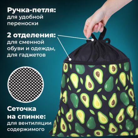Мешок для обуви BRAUBERG БОЛЬШОЙ, с ручкой, карман на молнии, сетка, 49х41 см, "Avocado", 271058 Мешок для обуви BRAUBERG БОЛЬШОЙ, с ручкой, карман на молнии, сетка, 49х41 см, "Avocado", 271058