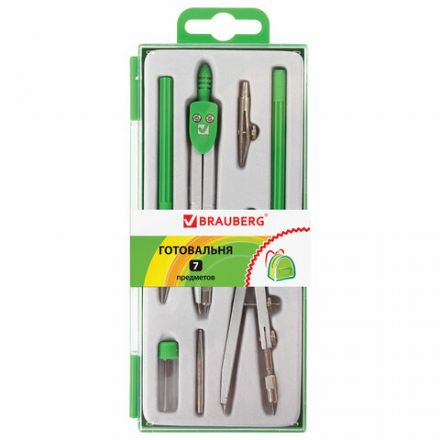Готовальня BRAUBERG "Klasse", 7 предметов: циркуль+кронциркуль, рейсфедер + держатель, 2 вставки, грифель, 210344 Готовальня BRAUBERG "Klasse", 7 предметов: циркуль+кронциркуль, рейсфедер + держатель, 2 вставки, грифель, 210344