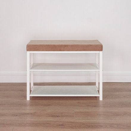 Банкетка для обуви "Торонто-23S", 670х300х490 мм, 2 полки, металл/ткань, белая/бежевая, БТ23СББ