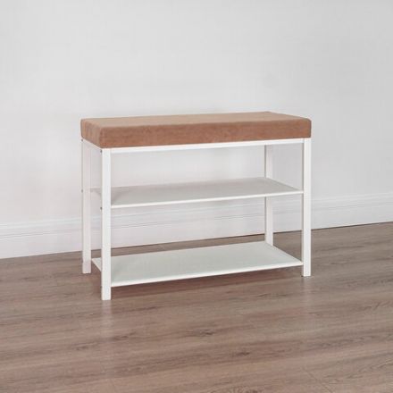 Банкетка для обуви "Торонто-23S", 670х300х490 мм, 2 полки, металл/ткань, белая/бежевая, БТ23СББ