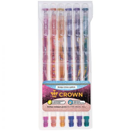 Набор гелевых ручек Crown "Glitter Metal Jell" 6шт., 06цв., 1,0мм, с блестками, ПВХ уп., европодвес Набор гелевых ручек Crown "Glitter Metal Jell" 6шт., 06цв., 1,0мм, с блестками, ПВХ уп., европодвес