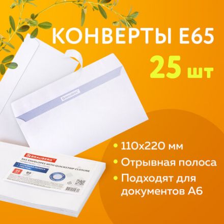 Конверты Е65 (110х220 мм), отрывная лента, 80 г/м2, КОМПЛЕКТ 25 шт., внутренняя запечатка, BRAUBERG, 122449 Конверты Е65 (110х220 мм), отрывная лента, 80 г/м2, КОМПЛЕКТ 25 шт., внутренняя запечатка, BRAUBERG, 122449