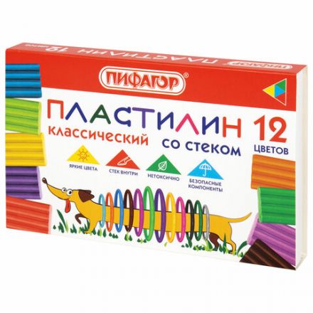 Пластилин классический ПИФАГОР "Веселая такса", 12 цветов, 180 г, СО СТЕКОМ, 106675