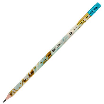 Карандаш чернографитный BRAUBERG "MARBLE", 1 шт., HB, с ластиком, корпус ассорти, 182013