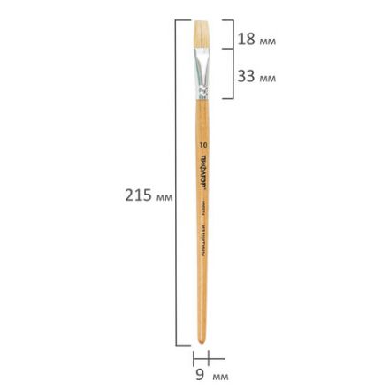 Кисть ПИФАГОР, ЩЕТИНА, плоская, № 10, деревянная лакированная ручка, пакет с подвесом, 200874