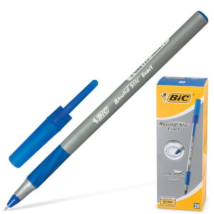 Ручка шариковая с грипом BIC "Round Stic Exact", СИНЯЯ, корпус серый, узел 0,7 мм, линия письма 0,28 мм, 918543
