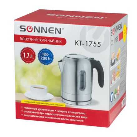 Чайник SONNEN KT-1755, 1,7 л, 2200 Вт, закрытый нагревательный элемент, нержавеющая сталь, 453419 Чайник SONNEN KT-1755, 1,7 л, 2200 Вт, закрытый нагревательный элемент, нержавеющая сталь, 453419