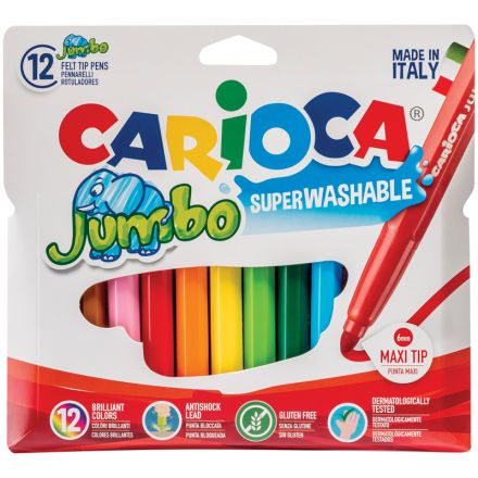 Фломастеры Carioca "Jumbo", 12цв., утолщенные, смываемые, картон, европодвес Фломастеры Carioca "Jumbo", 12цв., утолщенные, смываемые, картон, европодвес