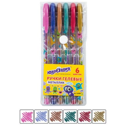Ручки гелевые ЮНЛАНДИЯ, НАБОР 6 ЦВЕТОВ, МЕТАЛЛИК, с печатью, узел 0,7 мм, линия письма 0,5 мм, 142801 Ручки гелевые ЮНЛАНДИЯ, НАБОР 6 ЦВЕТОВ, МЕТАЛЛИК, с печатью, узел 0,7 мм, линия письма 0,5 мм, 142801