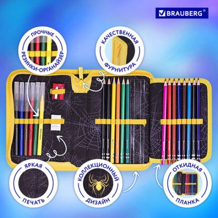 Пенал BRAUBERG с наполнением, 1 отделение, 1 откидная планка, 24 предмета, 21х14 см, "Venomous spider", 271526 Пенал BRAUBERG с наполнением, 1 отделение, 1 откидная планка, 24 предмета, 21х14 см, "Venomous spider", 271526