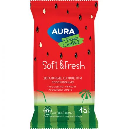 Салфетки влажные освежающие AURA TROPIC COCKTAIL  pocket-pack 15шт КК/110