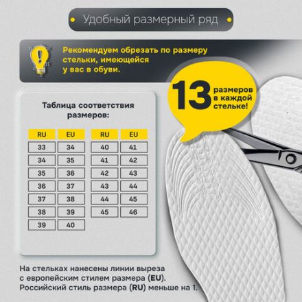 Стельки для обуви впитывающие от пота и запаха, КОМПЛЕКТ 10 пар, размер RU 33-45 / EU 34-46, с линиями выреза, SHEGRA (ШЕГРА), 700730 Стельки для обуви впитывающие от пота и запаха, КОМПЛЕКТ 10 пар, размер RU 33-45 / EU 34-46, с линиями выреза, SHEGRA (ШЕГРА), 700730