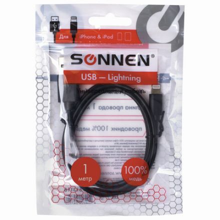 Кабель USB 2.0 – Lightning, 1 м, SONNEN, медь, для передачи данных и зарядки, черный, 513116