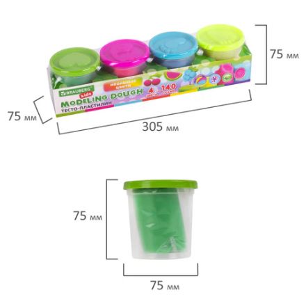 Пластилин-тесто для лепки BRAUBERG KIDS, 4 цвета, 560 г, яркие неоновые цвета, крышки-штампики, 106716