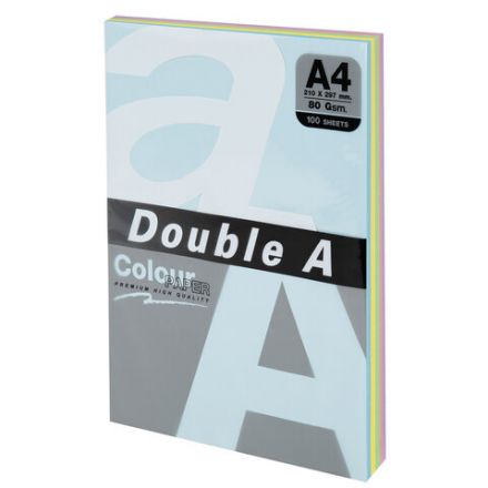 Бумага цветная DOUBLE A, А4, 80 г/м2, 100 л. (5 цветов x 20 листов), микс пастель Бумага цветная DOUBLE A, А4, 80 г/м2, 100 л. (5 цветов x 20 листов), микс пастель